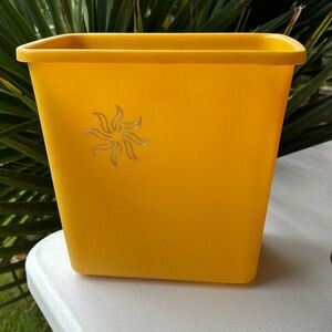 Vintage Andy Gard yellow textured trashcan wastebasket with metallic sunburst